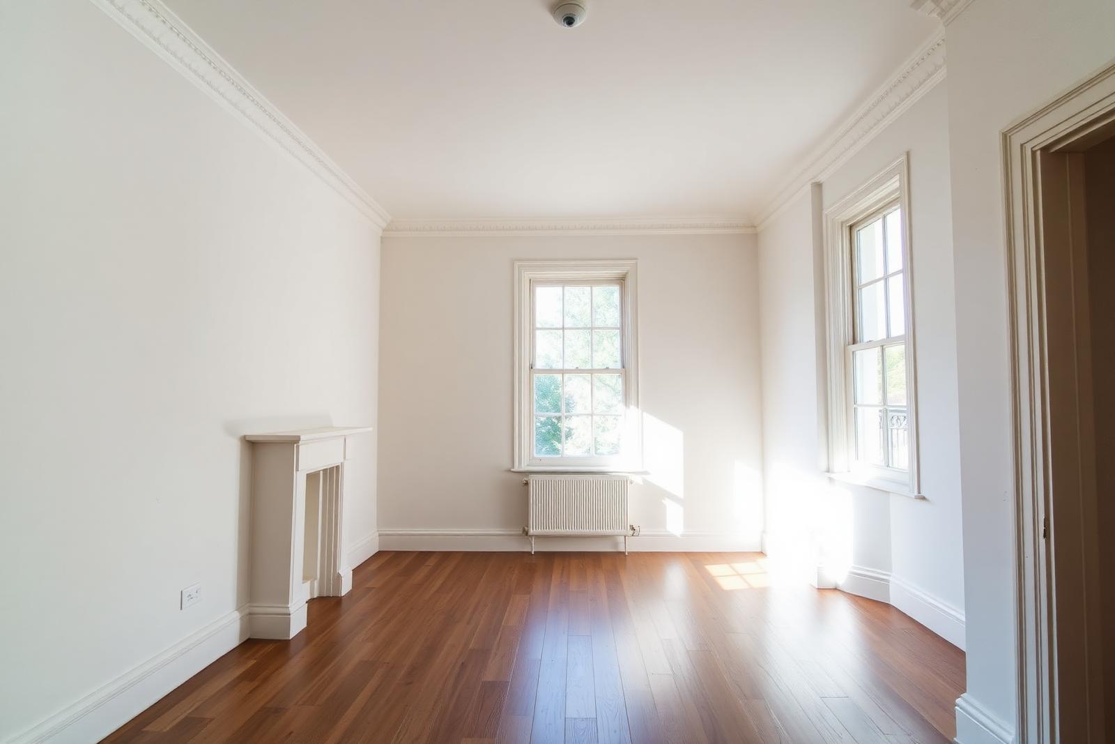 The same London living room empty and swept clean after clearance