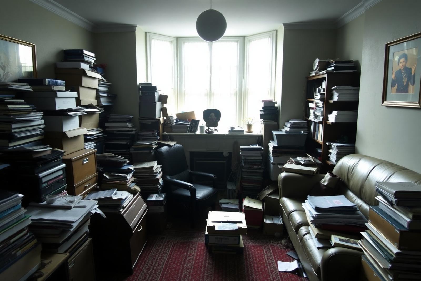 A London living room full of belongings, boxes and papers before clearance